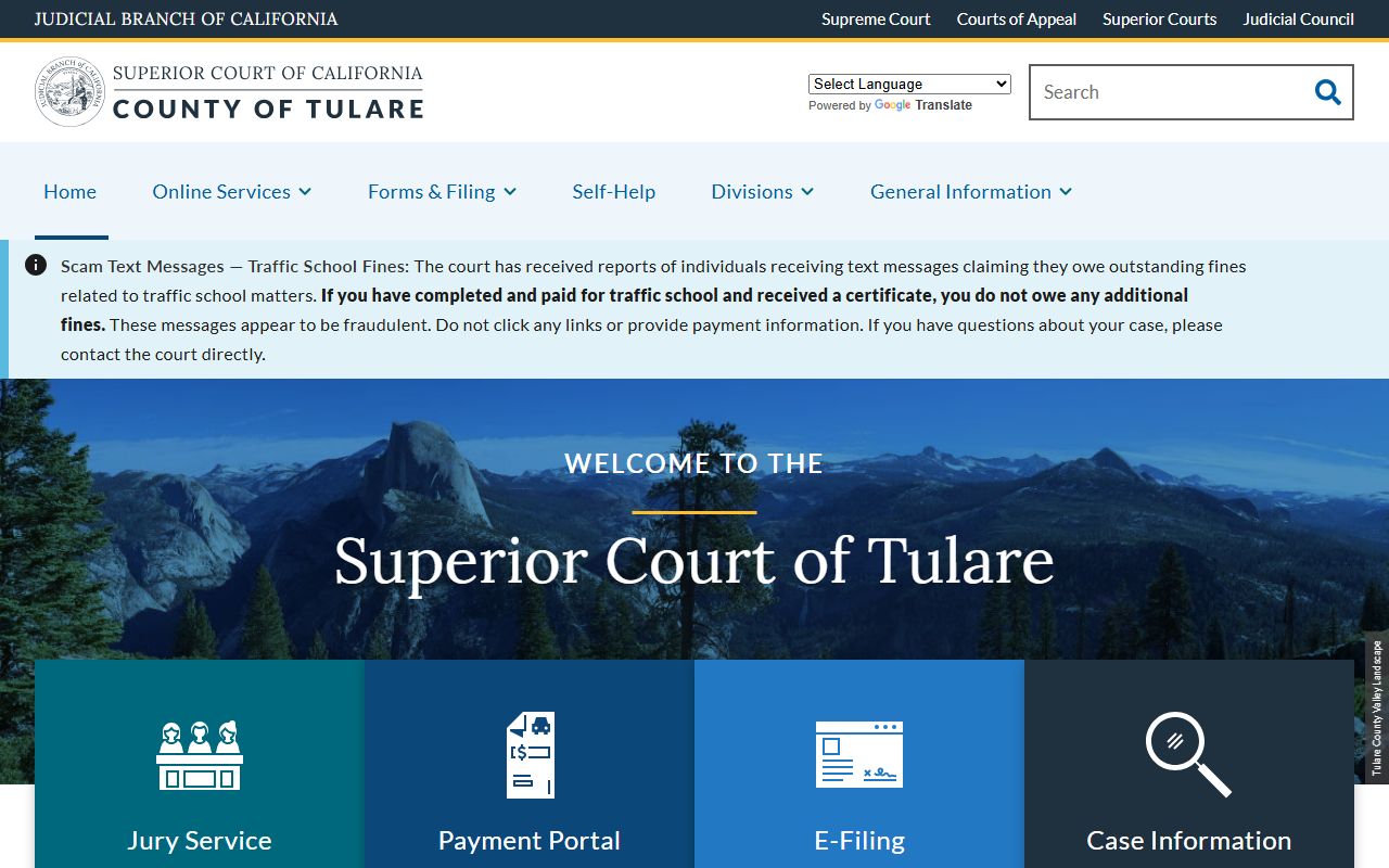 Tulare County Court home page with court records links