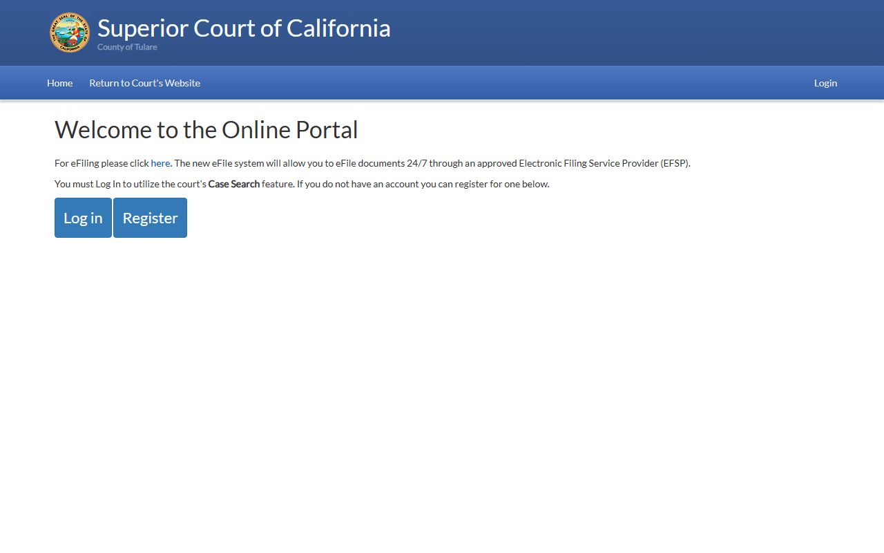 Tulare County Court online portal login screen for case search