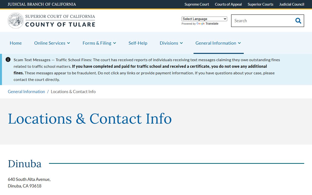 Tulare County Court locations page for records and case access