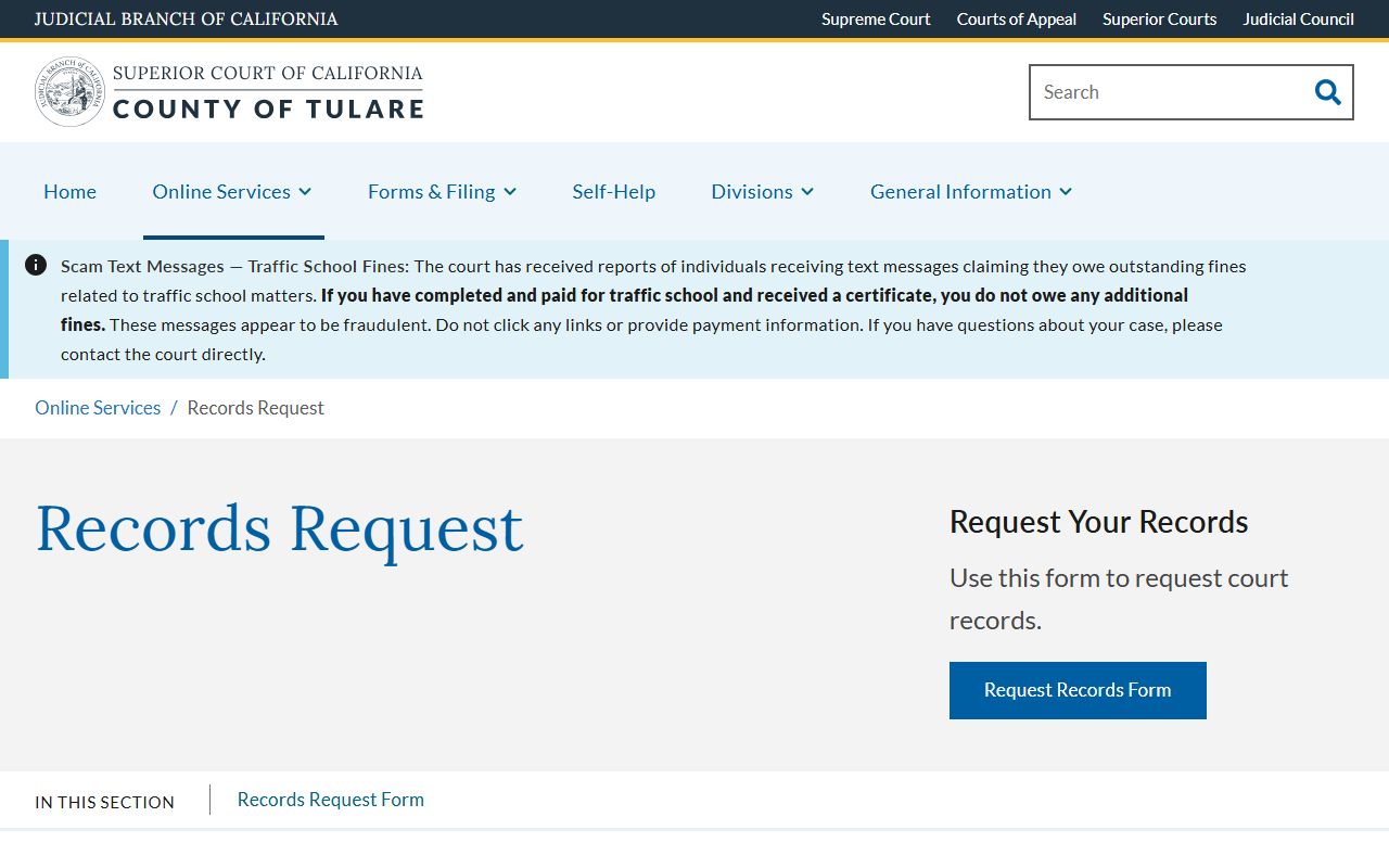 Tulare County Court records request page with copy fees