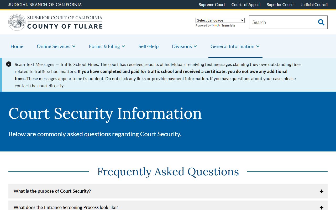 Tulare County Court security FAQ for visiting court records counters