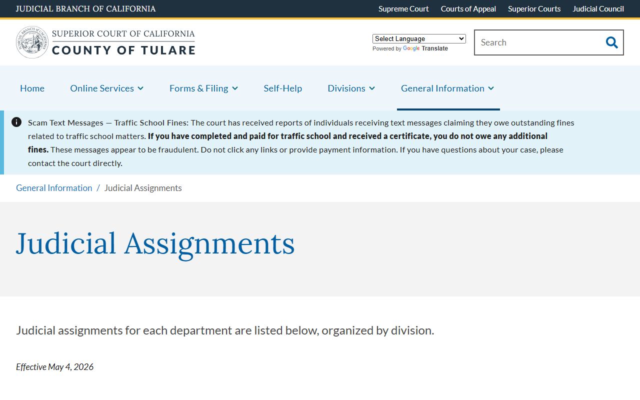 Tulare County Court judicial assignment chart for court records