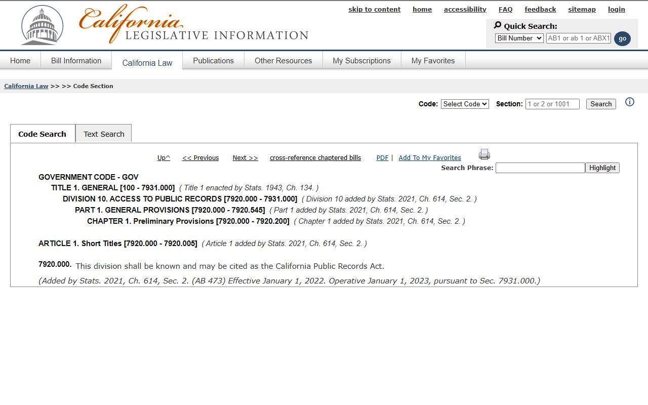 Tulare County public records - California Public Records Act overview at Government Code 7920.000
