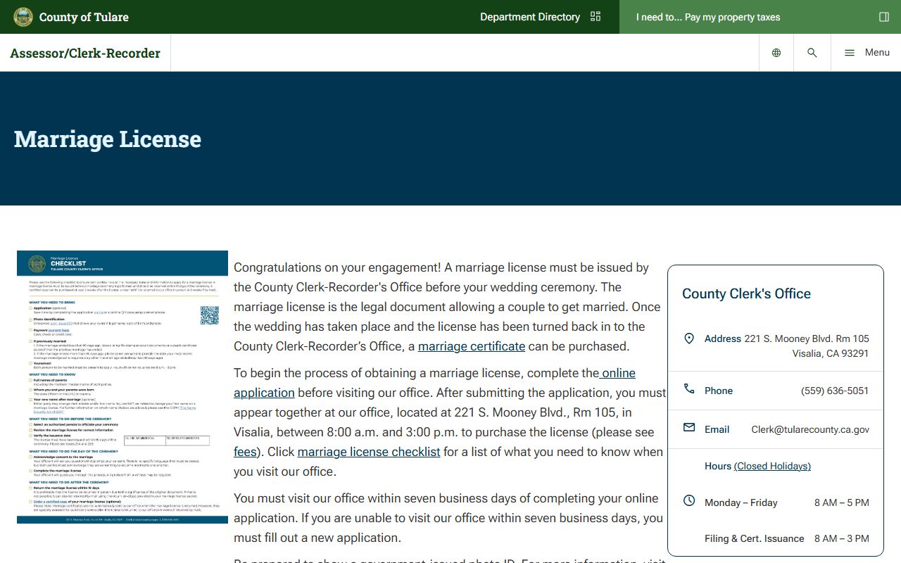 Tulare County marriage records marriage license page from the Clerk-Recorder
