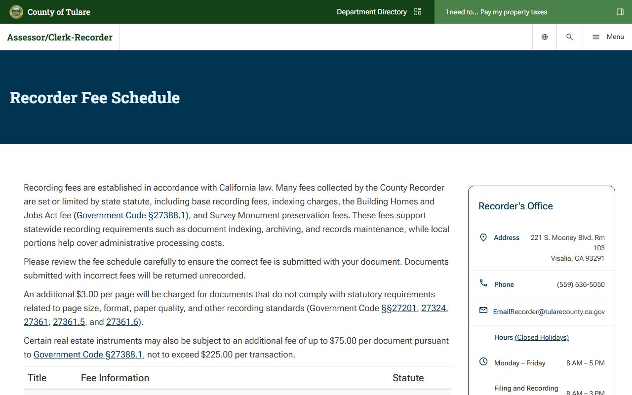 Tulare County public records - Recorder fee page with copy, recording, and subscription fees