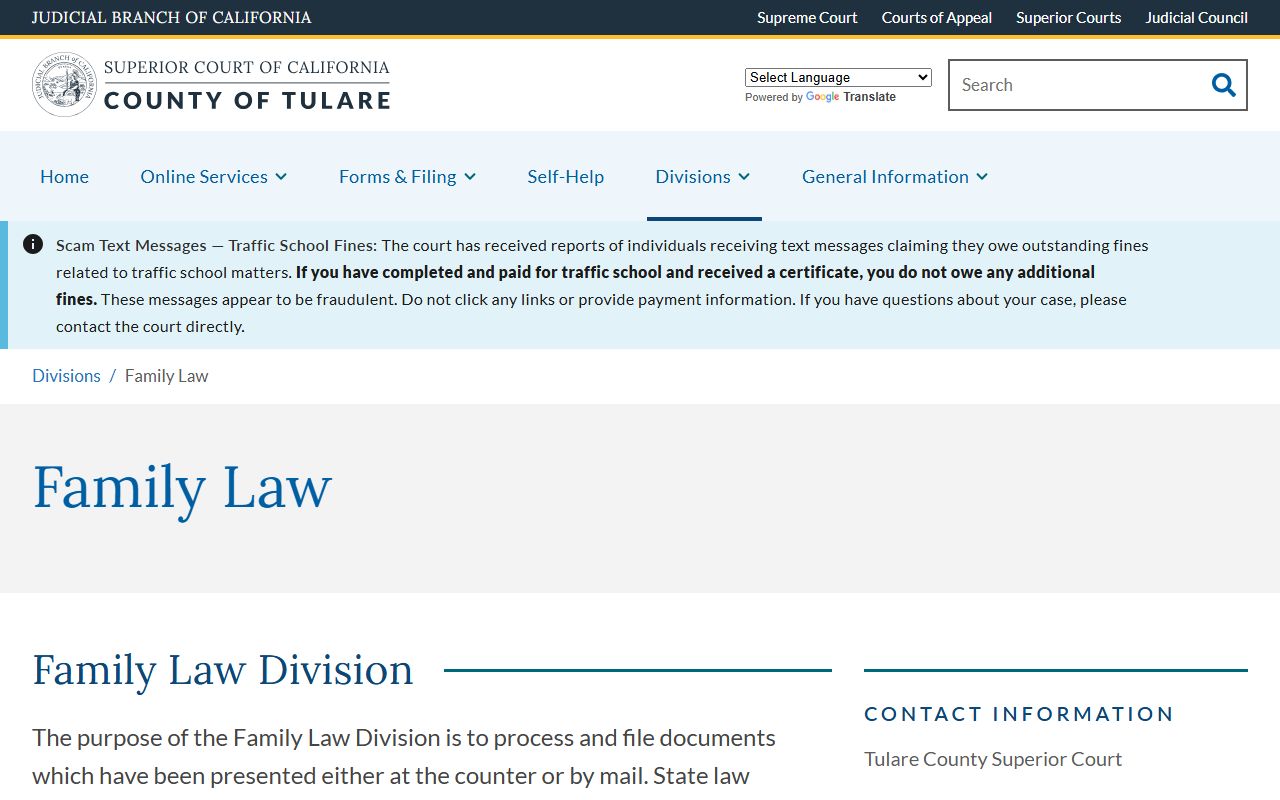 Tulare County divorce records Family Law division page from the Superior Court