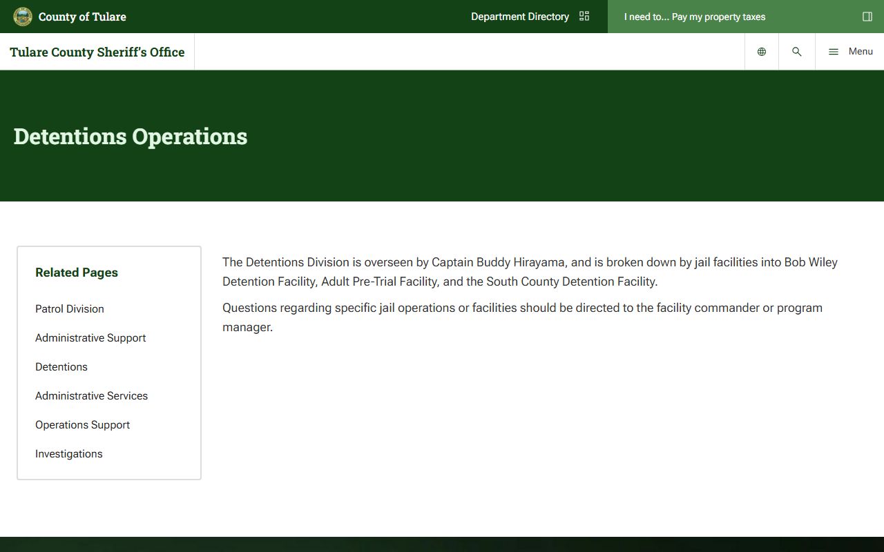 Tulare County inmate records - Sheriff Detentions Operations page
